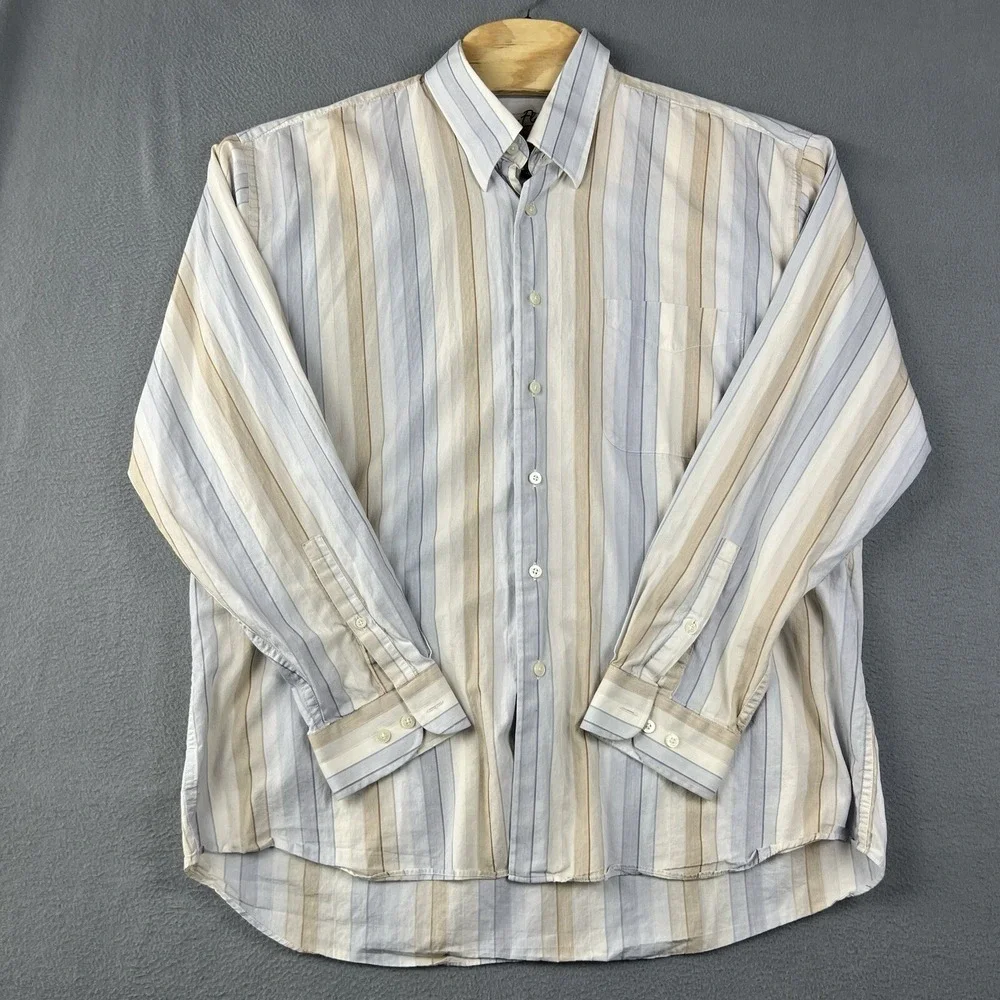 Alan Flusser Button‎ Down Shirt Mens XL Blue Brown Striped Business Dress Shirt